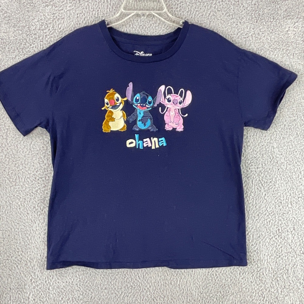 Disney BoxLunch Stitch Ohana T-Shirt Women Large Navy Blue Excellent Embroidered - Picture 2 of 6